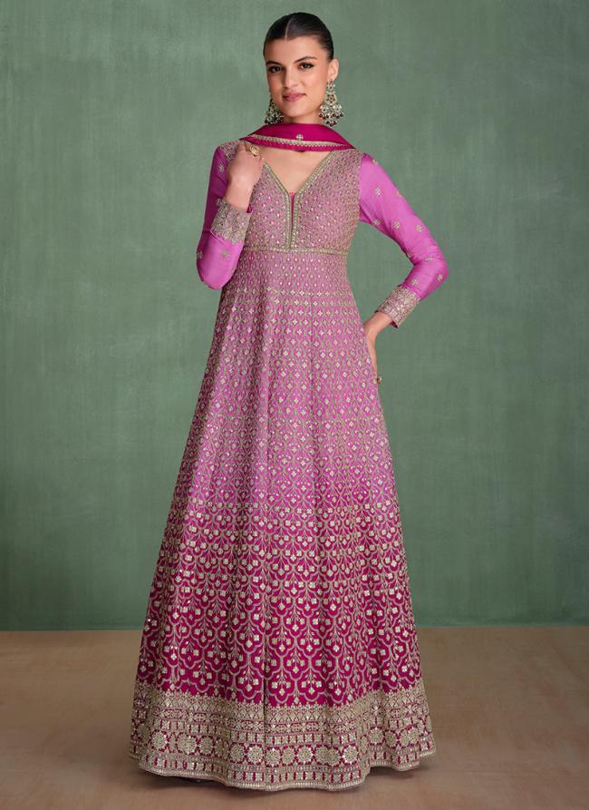 Georgette  Hotpink Wedding Wear Embroidery Work Readymade Gown With Dupatta